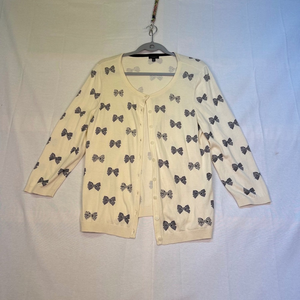 Talbots Womens Cream Navy Blue Beaded Bow Cardigan Sweater Size L 3/4 Sleeve